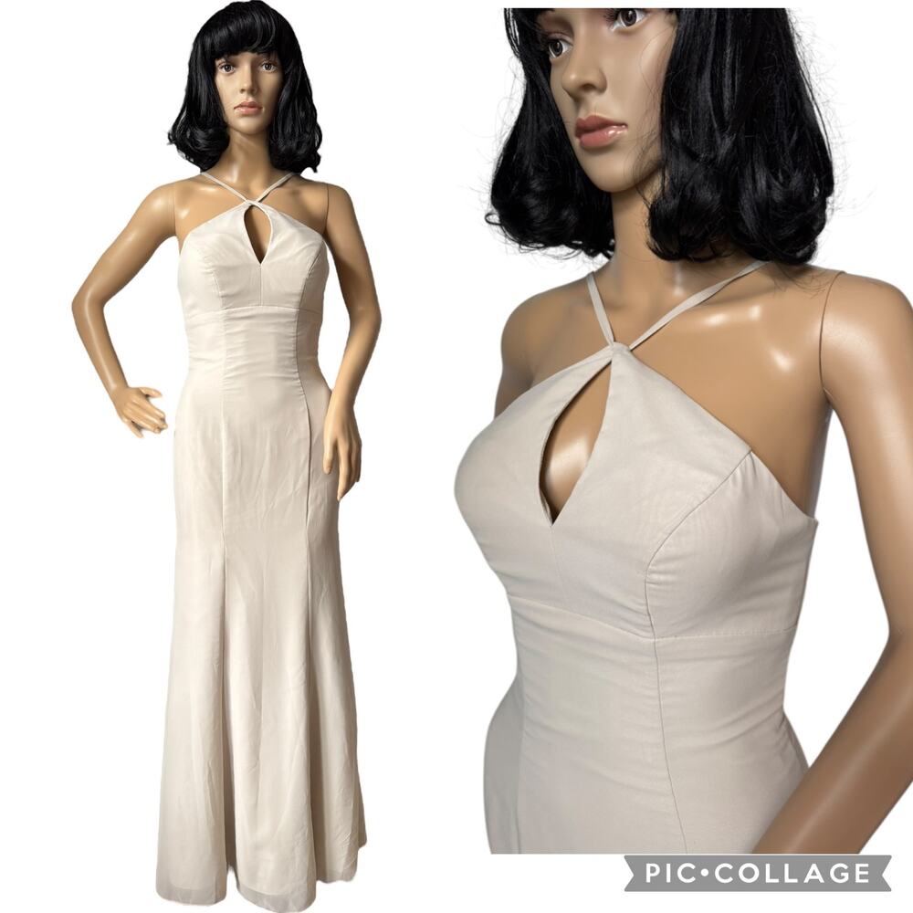 Azazie sexy fitted keyhole halter formal maxi Champagne. dress XXS